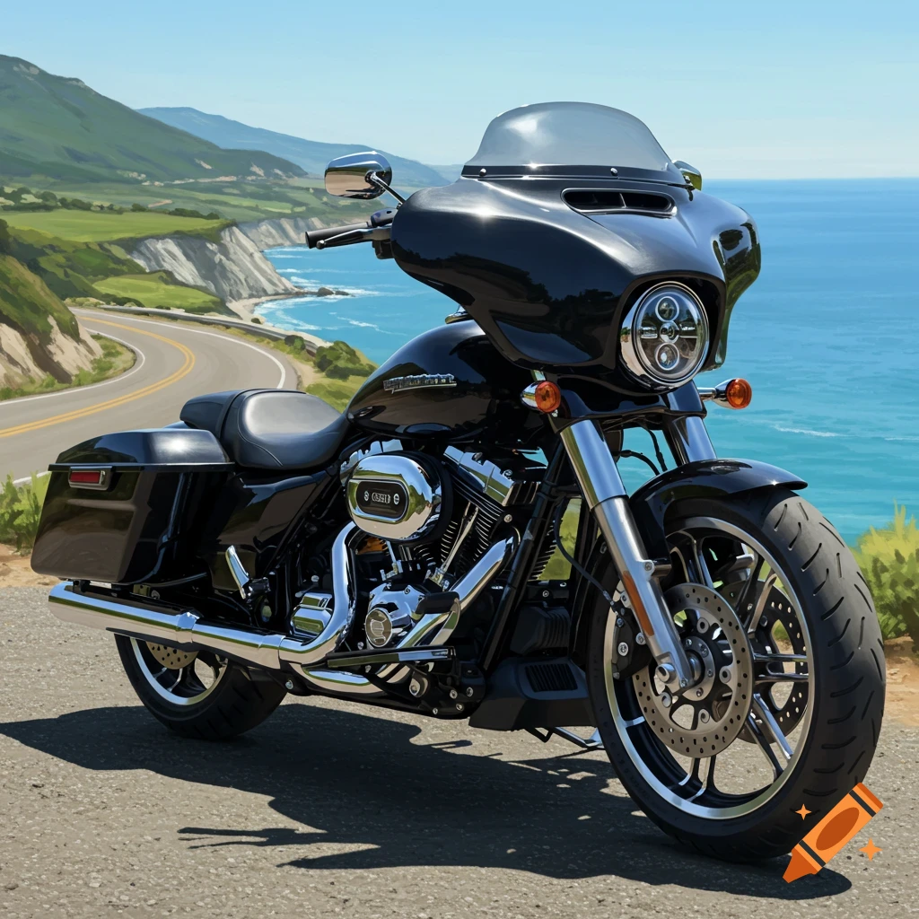 A black Harley Davidson motorcycle parked on a winding coastal road with mountains and a blue ocean in the background, under a clear sky.