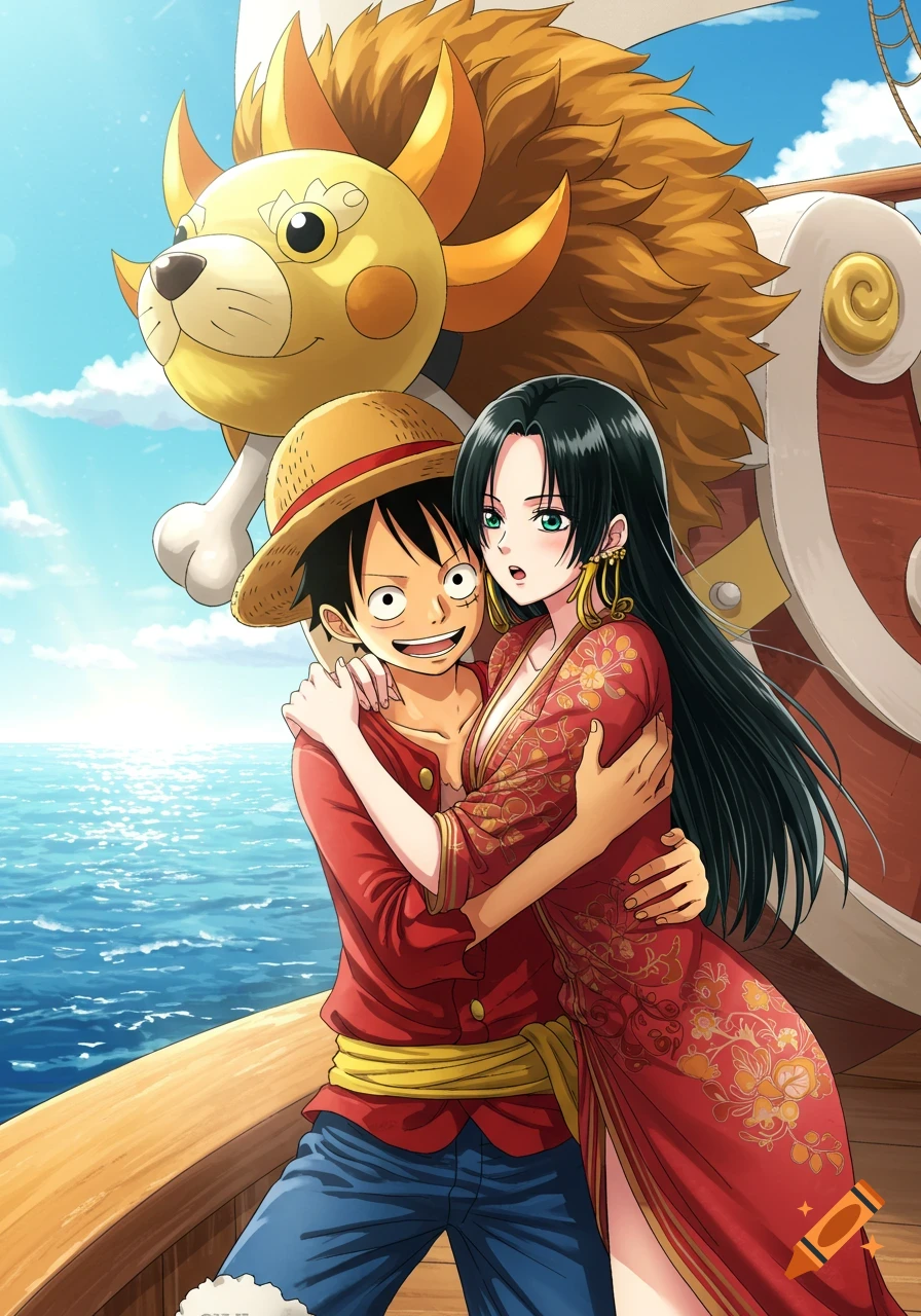 Anime style image of Luffy embracing Boa Hancock on the deck of the Thousand Sunny ship, with the ocean and sky in the background.