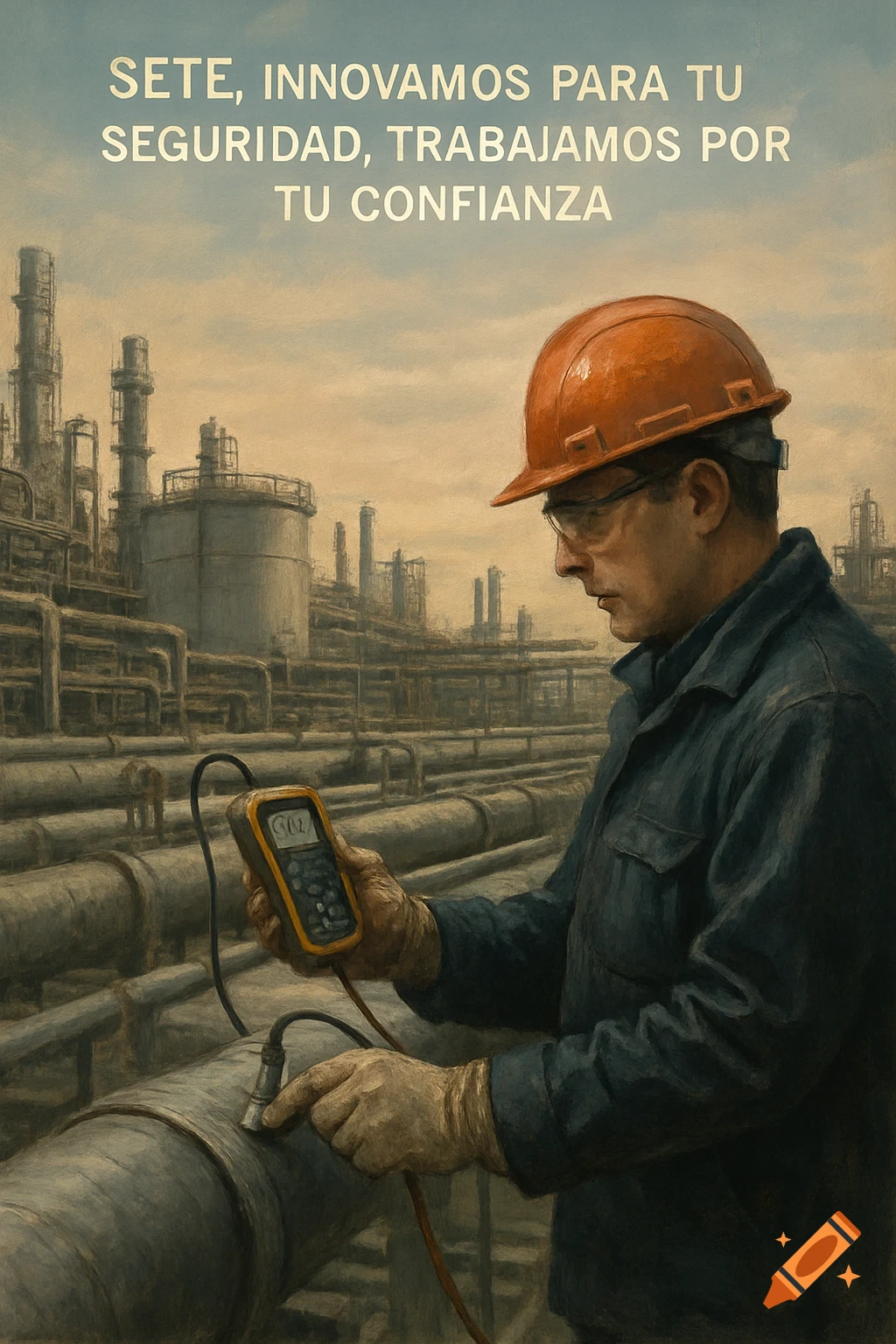 A worker in an industrial plant uses a device to measure a metal pipe, with large tanks and pipes in the background. Painterly style.