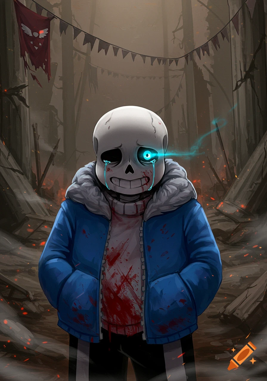 A digital drawing of Sans from Undertale, wearing a blue jacket and bloody shirt, crying with a glowing blue eye in a ruined setting.