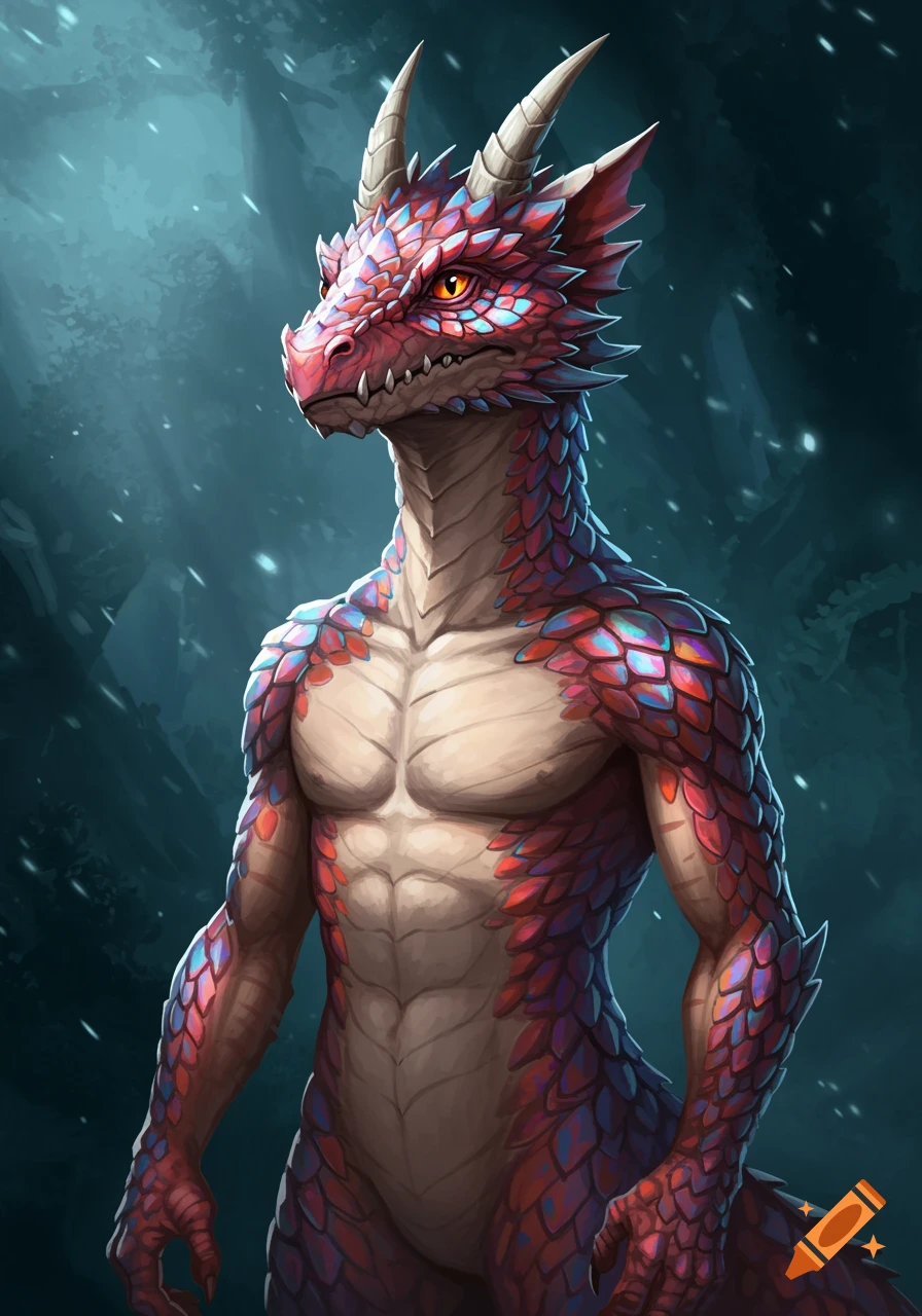 A muscular, anthropomorphic red and blue scaled dragon creature with horns and orange eyes stands against a dark, mystical background.