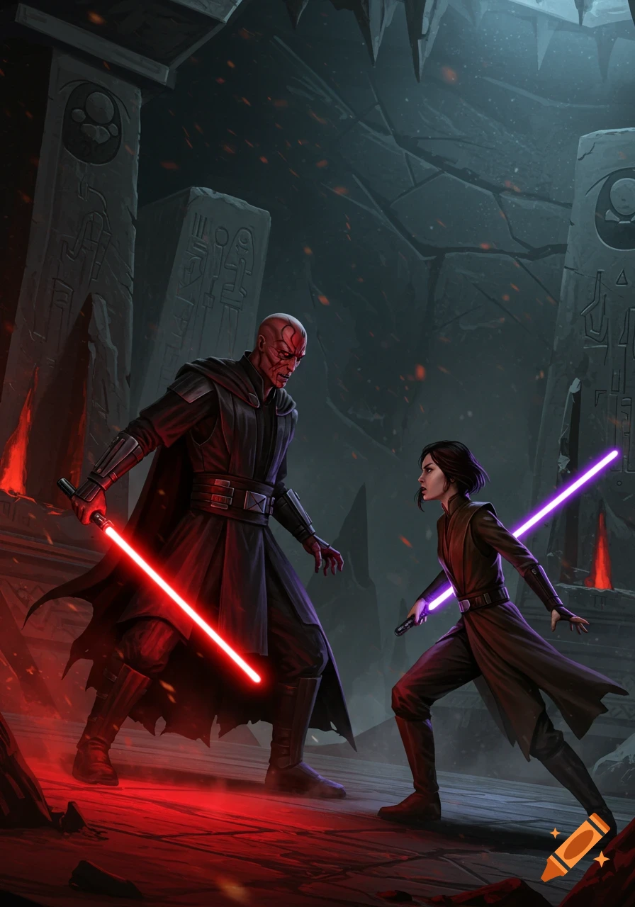 A red-skinned male Sith with a red lightsaber faces a dark-haired female Jedi with a purple lightsaber in a dark, rocky ancient temple.