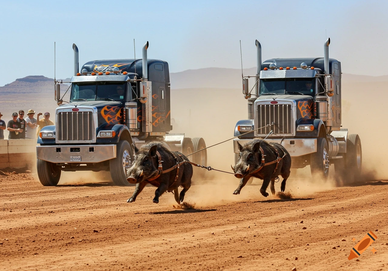Two large semi-trucks with flame decals are pulled by leashed wild boars in a dusty desert drag race, with spectators in the background.