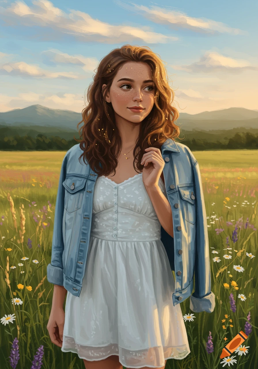 A young woman with brown wavy hair and freckles stands in a field of wildflowers with mountains in the distance, in a bright, painterly style.