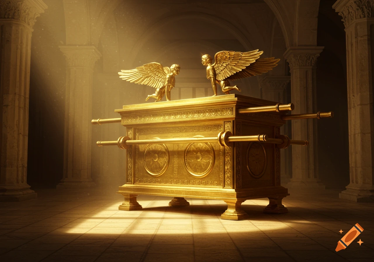 A golden Ark of the Covenant with two winged cherubs atop, illuminated by divine light in a temple.