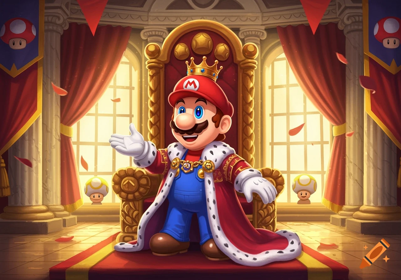 Mario, dressed as a king in a red and white fur-trimmed cape and gold crown, sits on a golden throne in a regal hall.