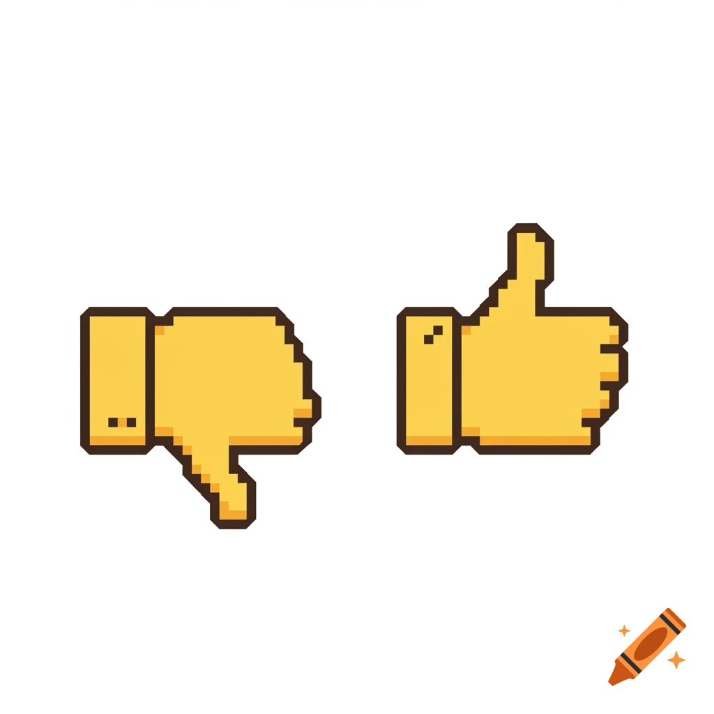 A yellow pixel art thumbs down icon next to a yellow pixel art thumbs up icon on a white background.