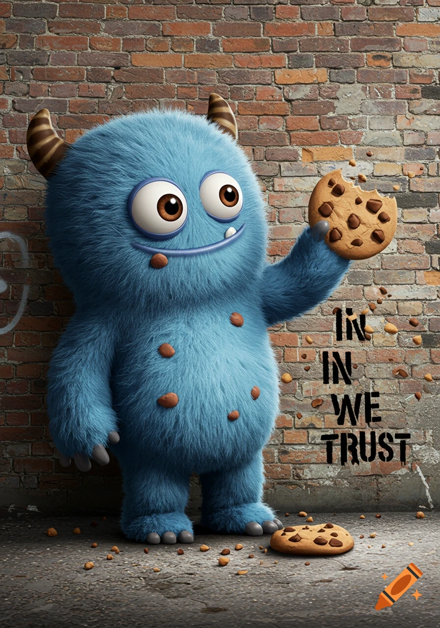 A fluffy blue monster with big eyes and horns holds a half-eaten chocolate chip cookie, standing against a brick wall with "IN IN WE TRUST" painted on it. Cookie crumbs are scattered on the ground.