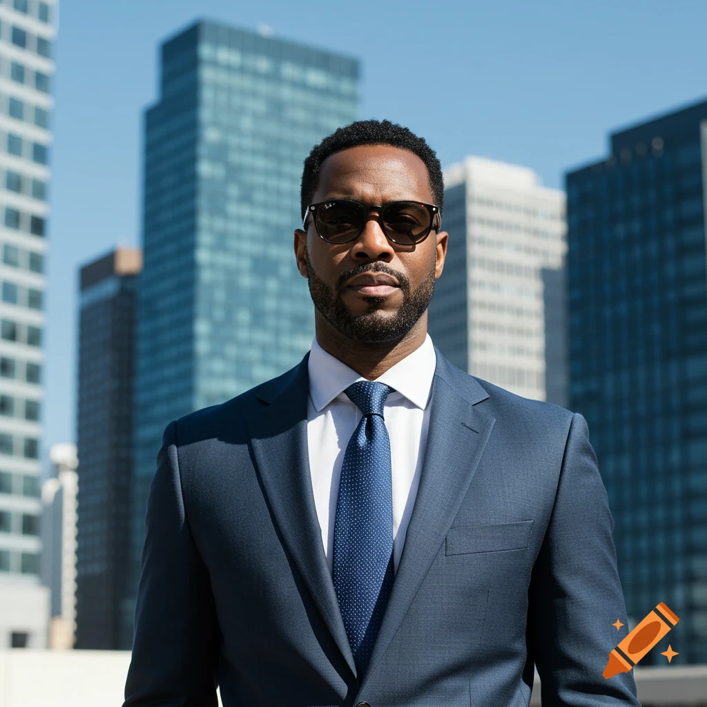 A photorealistic portrait of a Black man in a dark suit and sunglasses, standing in front of city skyscrapers.