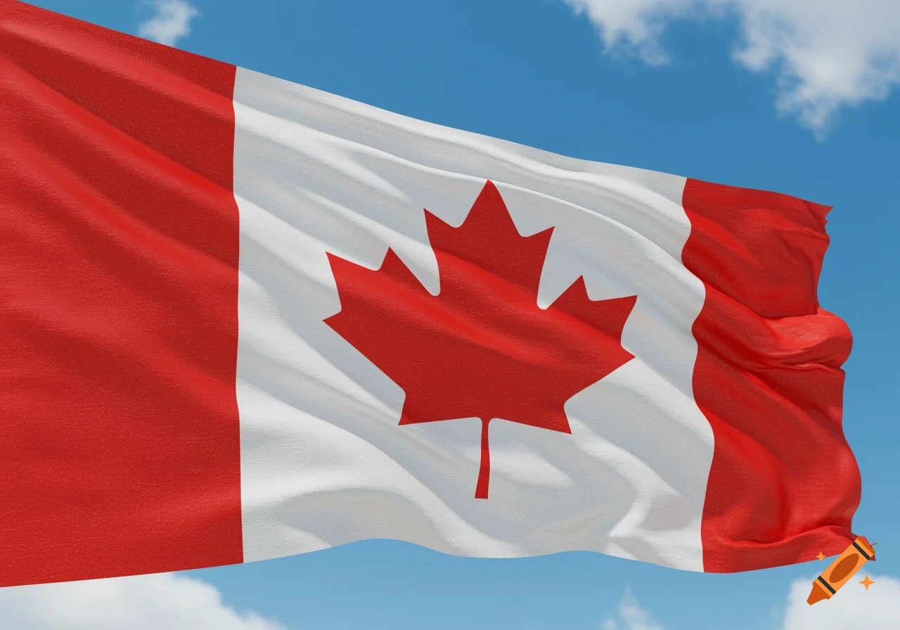 The red and white Canadian flag with a maple leaf waves against a blue sky with clouds.