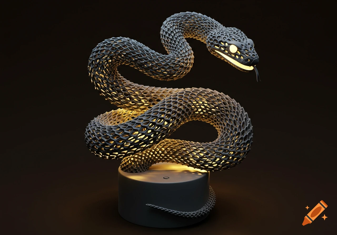 A coiled, illuminated 3D rendered snake lamp with a textured, honeycomb-like body, glowing from within, set on a cylindrical base.