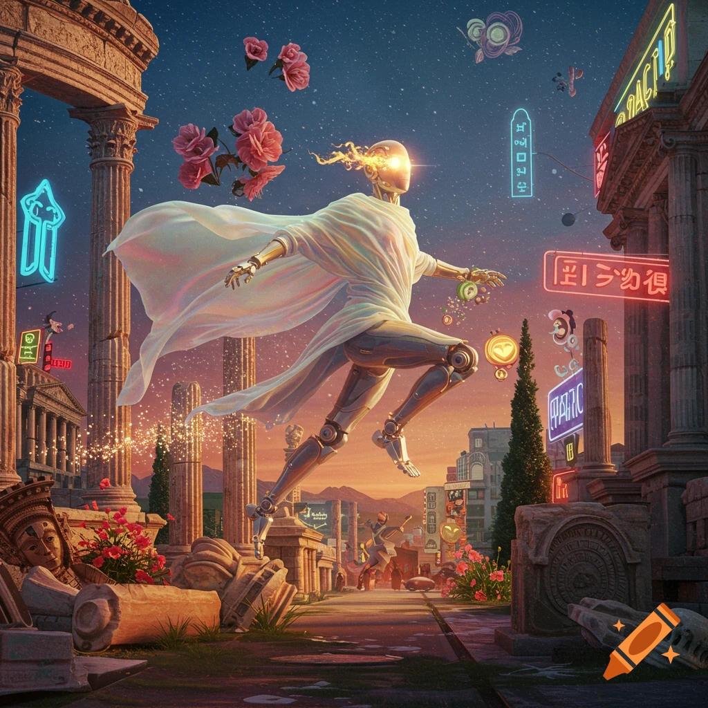A humanoid robot in a white flowing robe leaps through ancient ruins with glowing neon signs and floating roses under a starry sky.