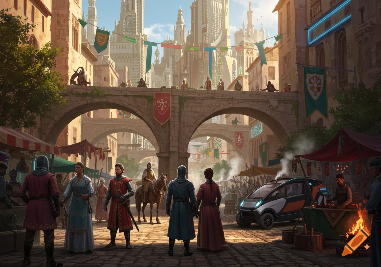 A bustling city square blending medieval and modern elements, with people in historical attire, stone arches, banners, and futuristic buildings and a small car.