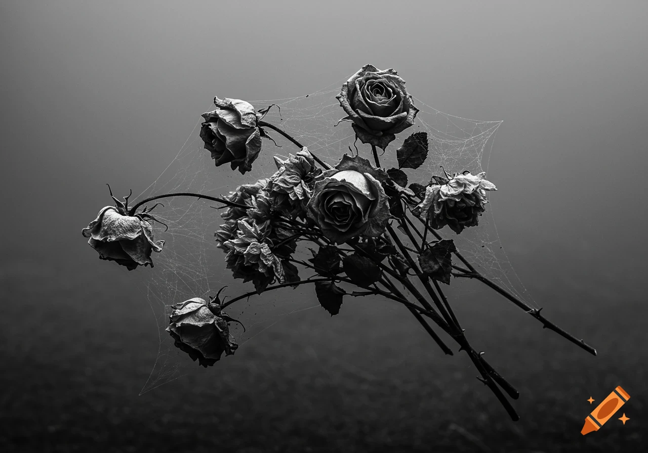 A monochrome image of dry, wilting roses covered in delicate spiderwebs against a foggy, dark background.