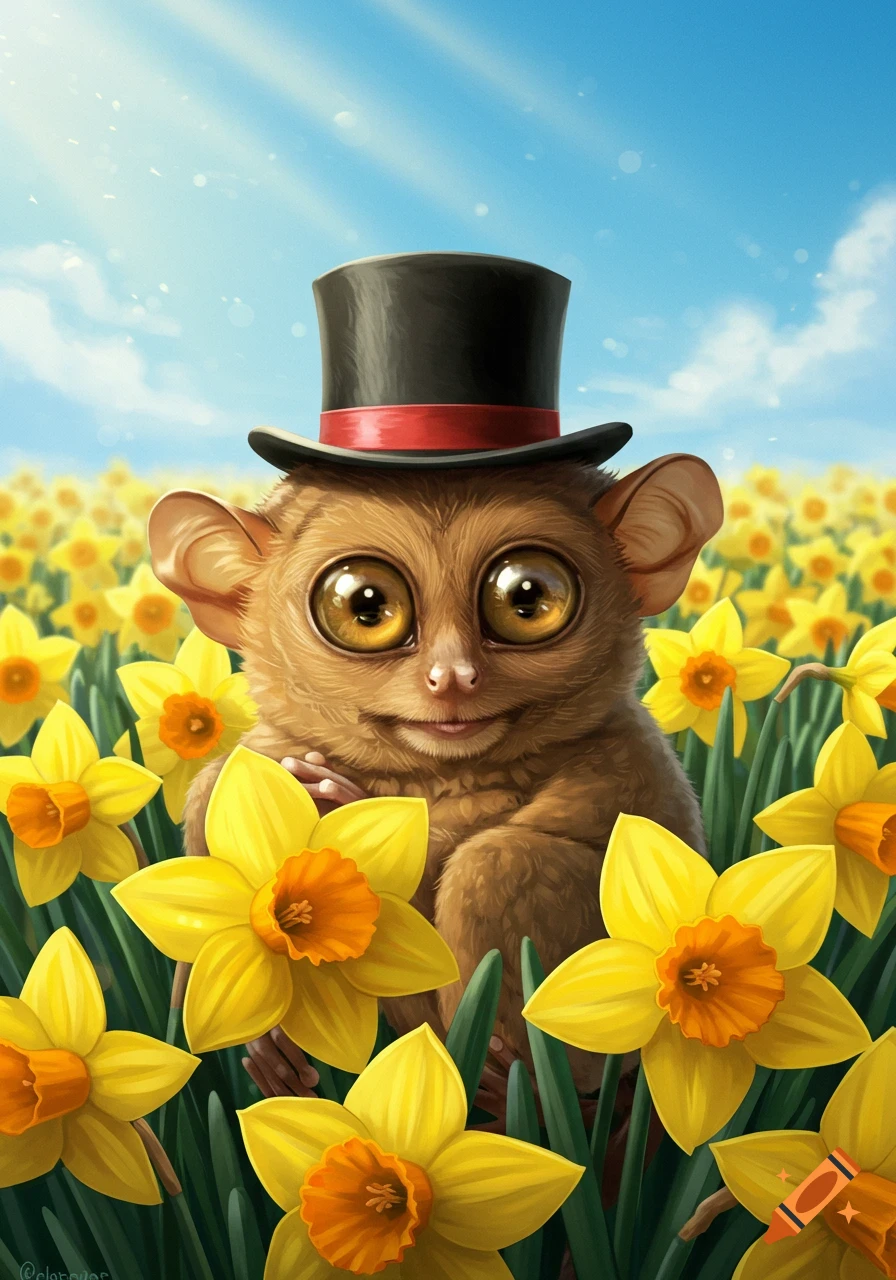 A wide-eyed tarsier wearing a black top hat with a red band, peeking from a field of bright yellow daffodils under a sunny blue sky. Digital art.
