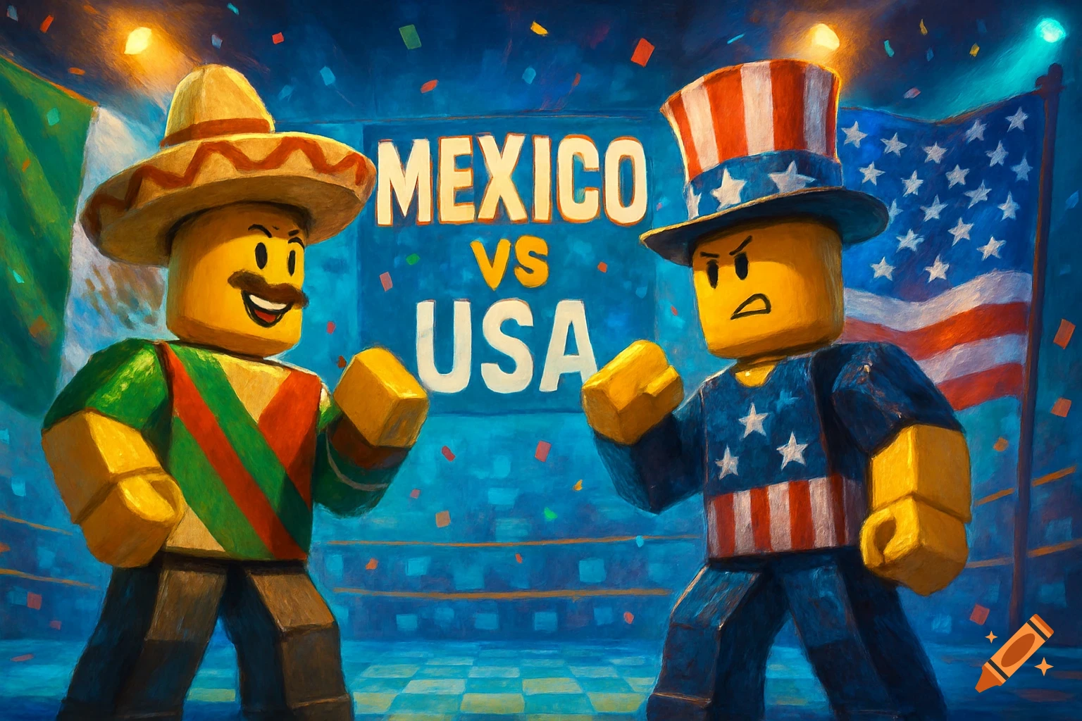 Two Lego-style characters, one representing Mexico and one the USA, face off under a 'MEXICO VS USA' sign. Painterly style.