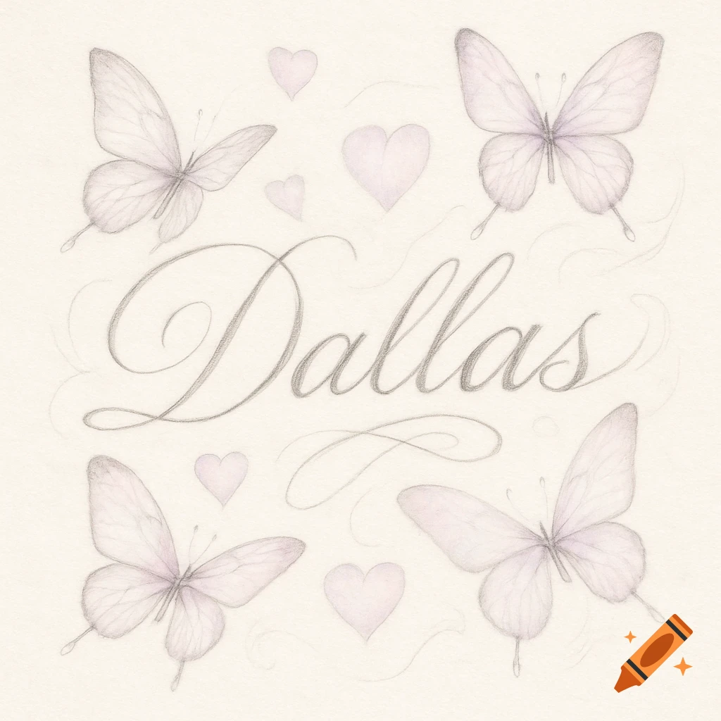 Feminine sketch with light purple butterflies, pink hearts, and the name Dallas in elegant cursive script.