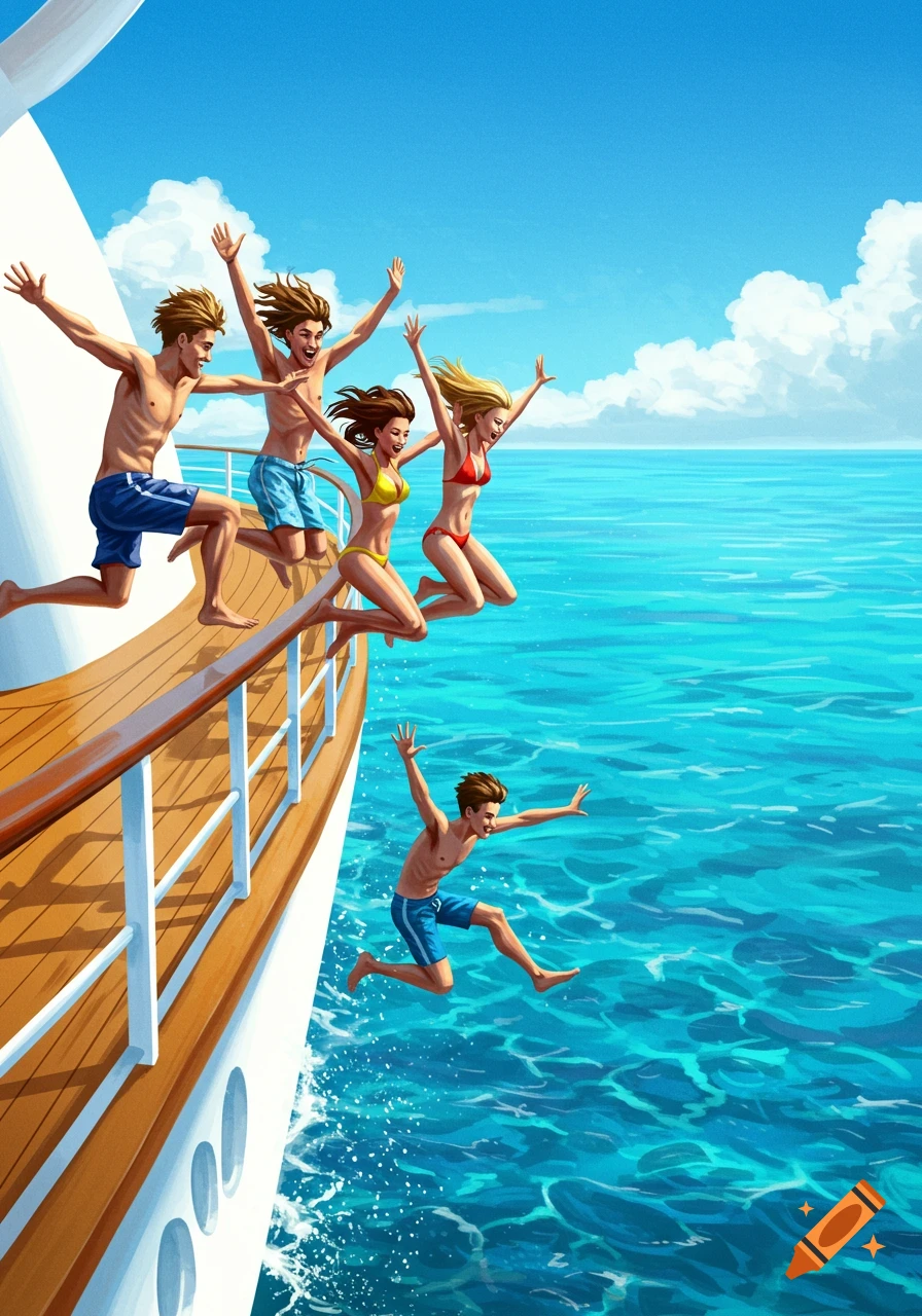 A group of friends jumping off a cruise ship into a vibrant turquoise ocean under a sunny sky in an illustrated style.