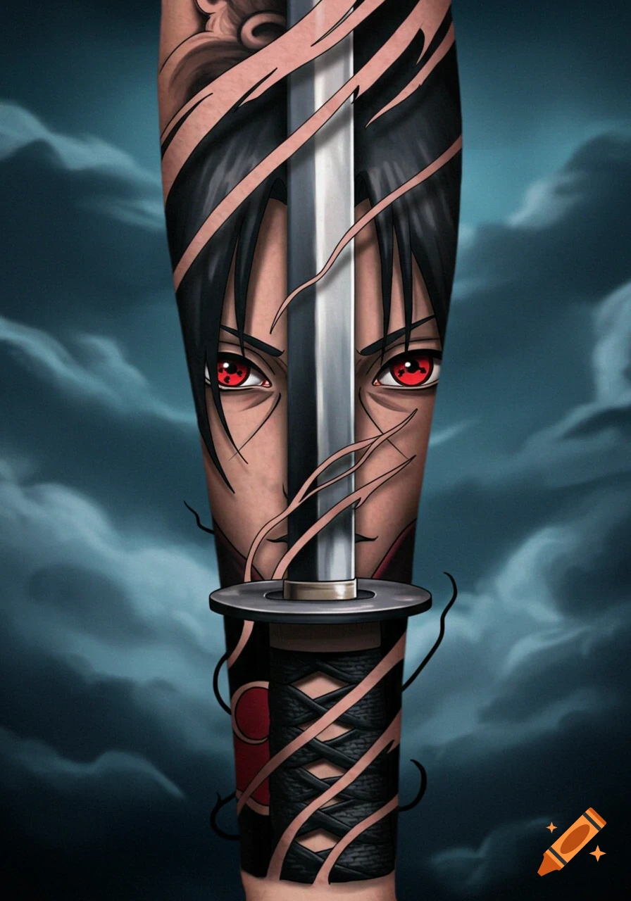 Anime illustration of Itachi Uchiha's face with red Sharingan eyes split by a katana, styled as a tattoo.