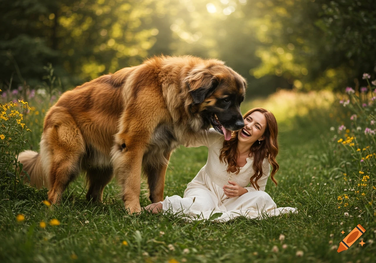 A woman in a white dress laughing as a large Leonberger dog licks her face in a sunny grassy field.