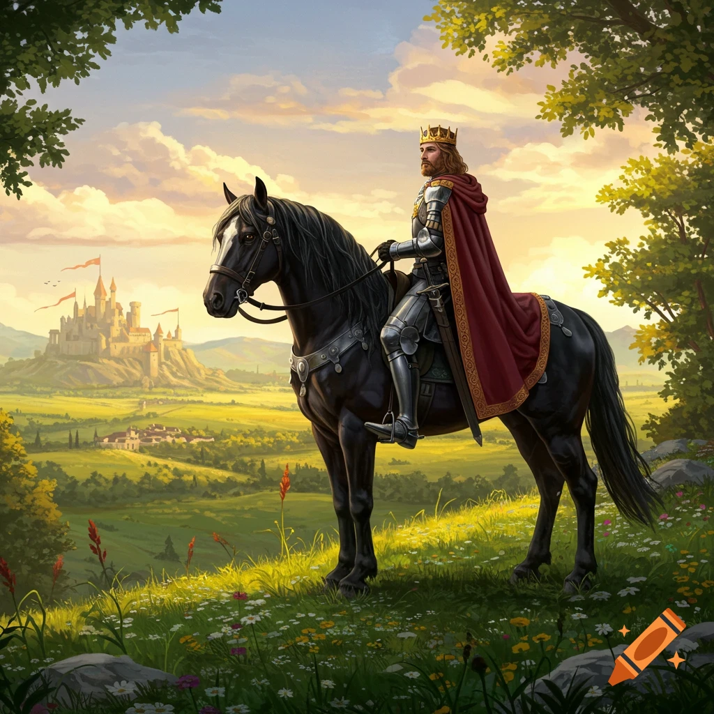 A majestic king in shining armor and a red cape rides a black horse on a hill overlooking a medieval castle and valley.