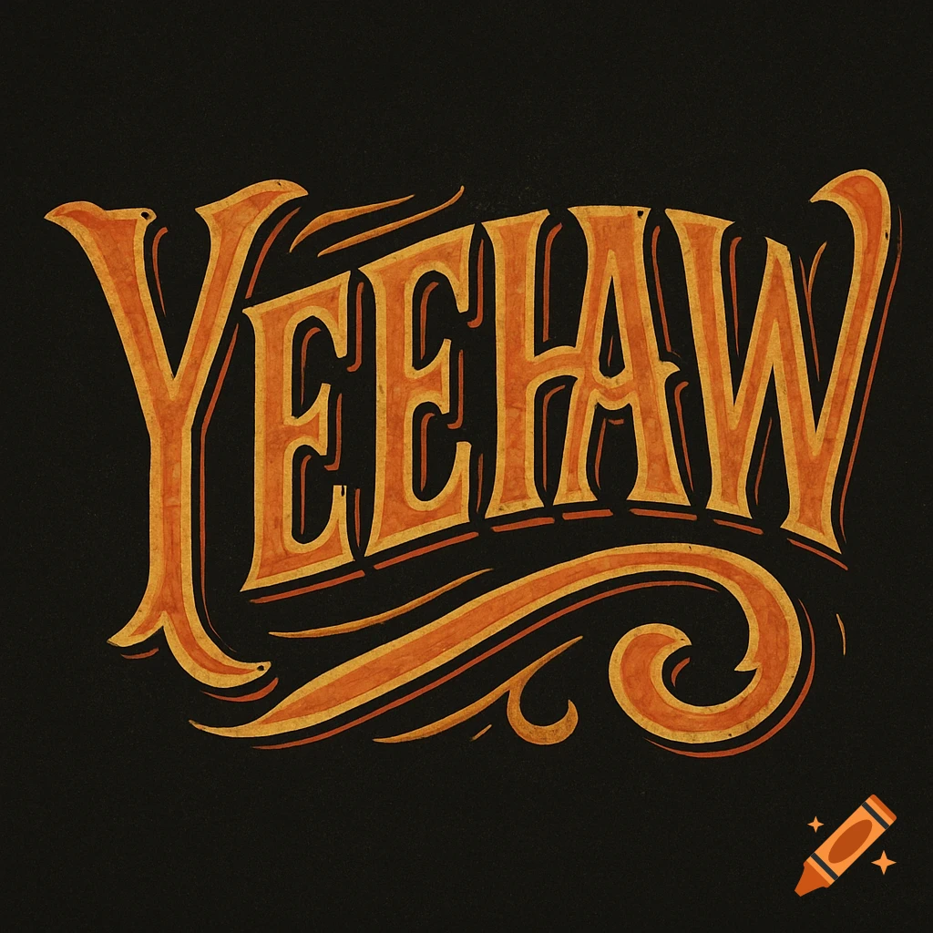 Stylized orange and black text reads 'YEEHAW' with decorative swirling lines.