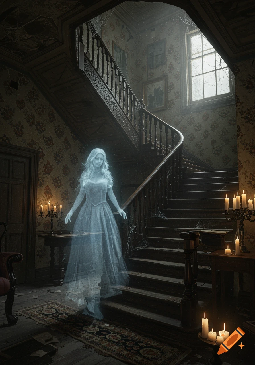 A translucent ghost of a woman in a long dress floats in a dimly lit, dusty, and ornate mansion staircase with candles and spiderwebs.