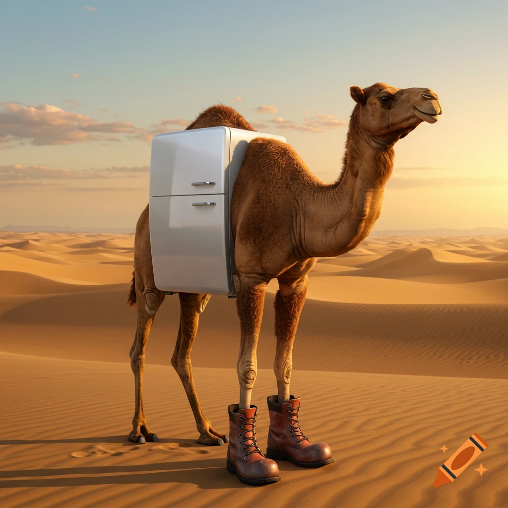 A photorealistic camel with a white refrigerator on its back and brown boots on its front legs stands in a sunny desert.