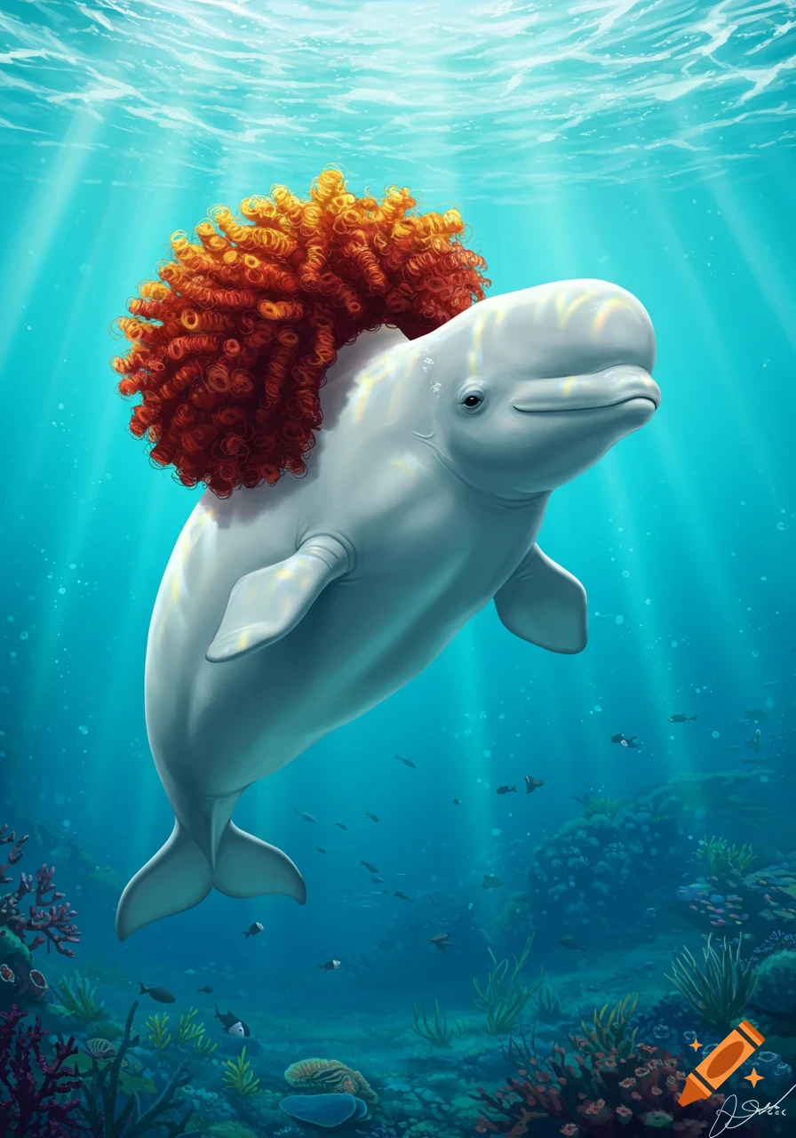 A beluga whale with a large, curly orange wig swims happily through a vibrant underwater coral reef, with sunbeams filtering through the surface.