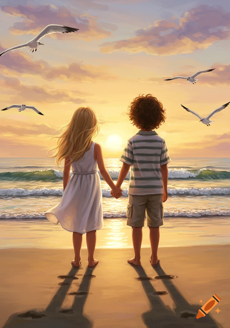 A boy and a girl hold hands on a beach, looking out at the sunset over the ocean with seagulls flying above. Stylized illustration.