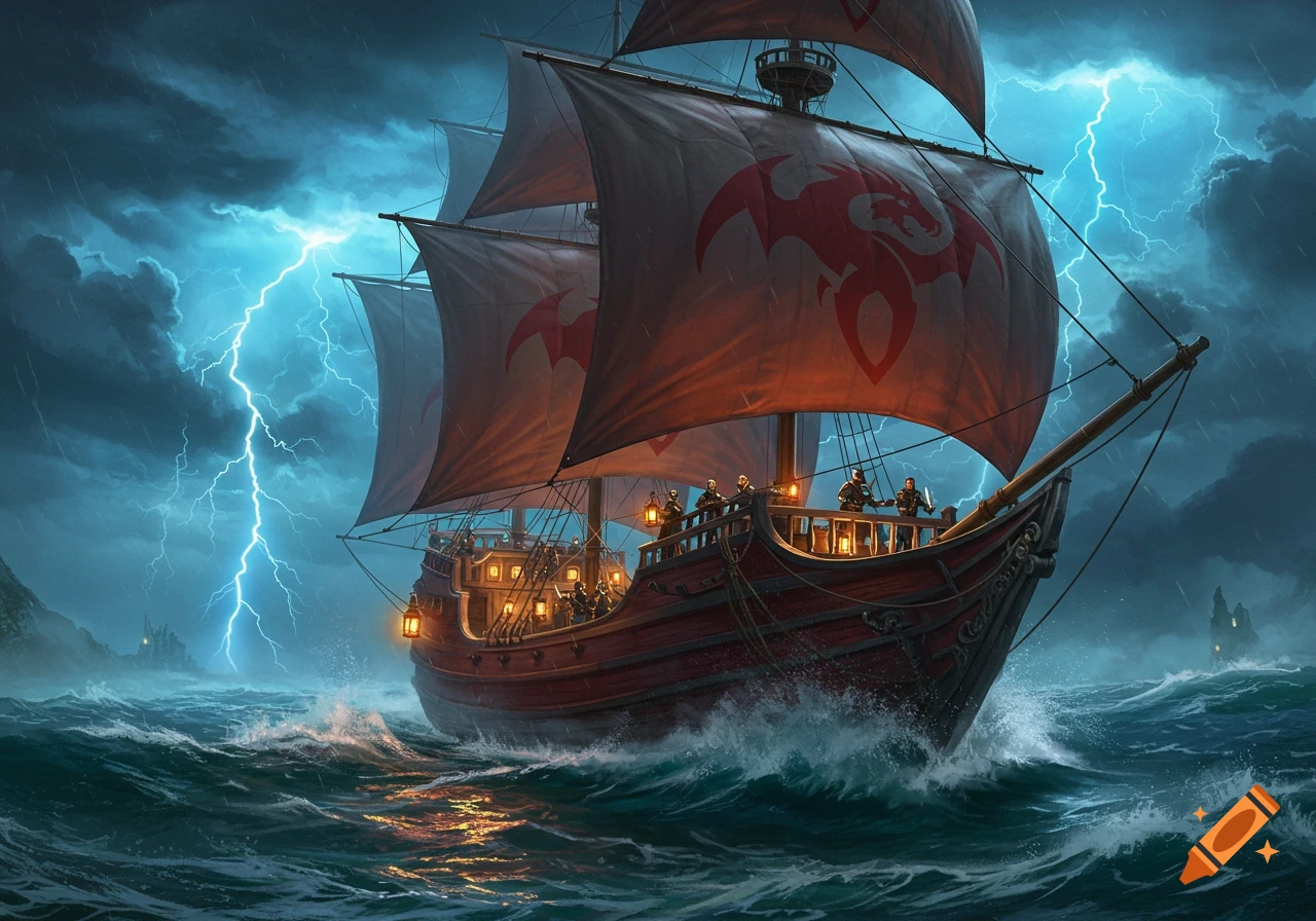 A fantasy ship with red sails bearing a dragon emblem sails through a stormy sea with lightning.