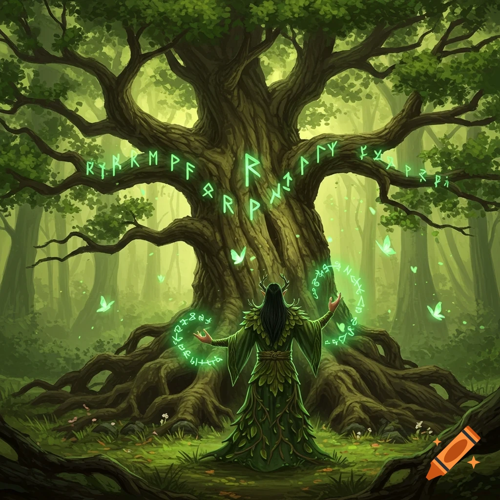 A druid in green robes with long black hair stands with arms outstretched before a large, gnarled oak tree in a forest. Glowing green runes and butterflies float around them.