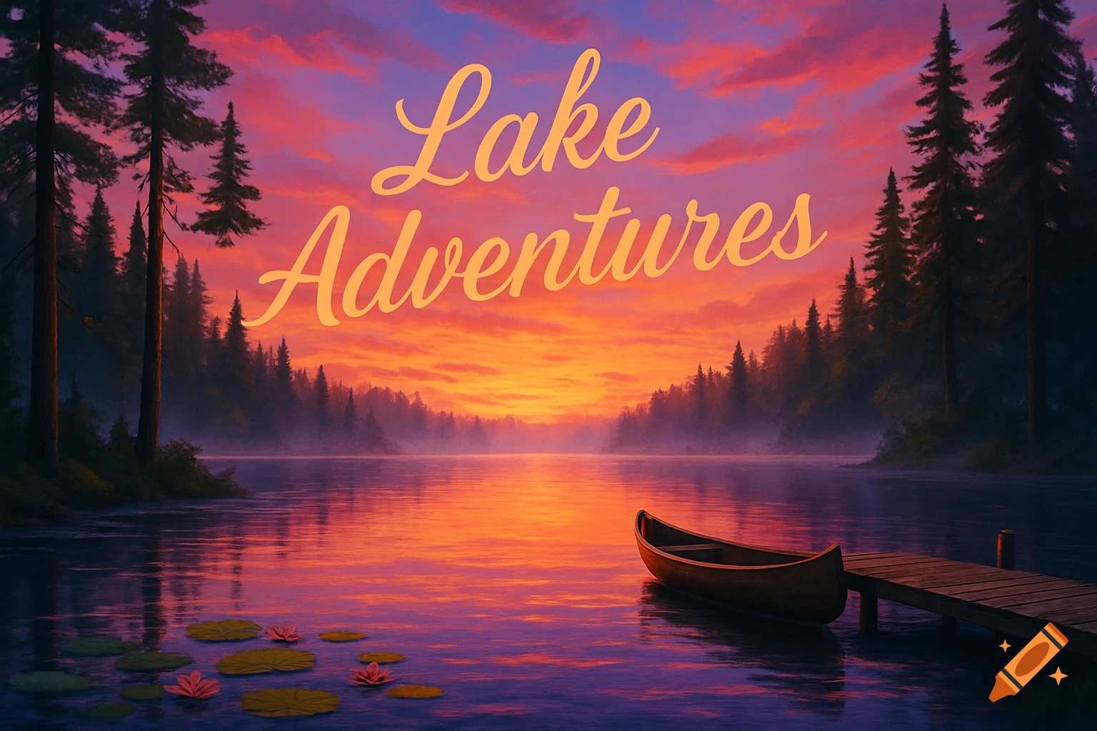 A vibrant sunset over a misty lake with a canoe and lily pads, featuring 'Lake Adventures' text.