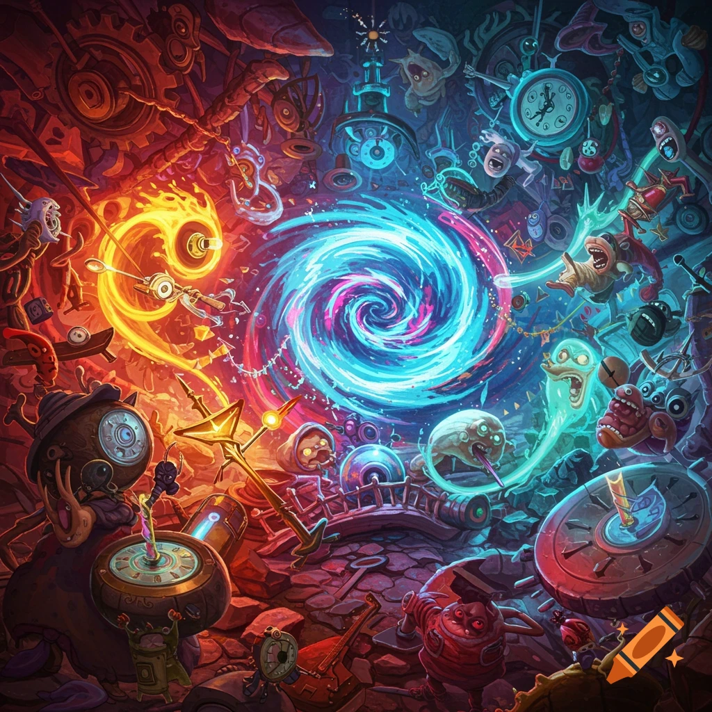 Vibrant, chaotic abstract art with a central swirling portal, stylized creatures, and mechanical elements in contrasting red/orange and blue/purple hues.