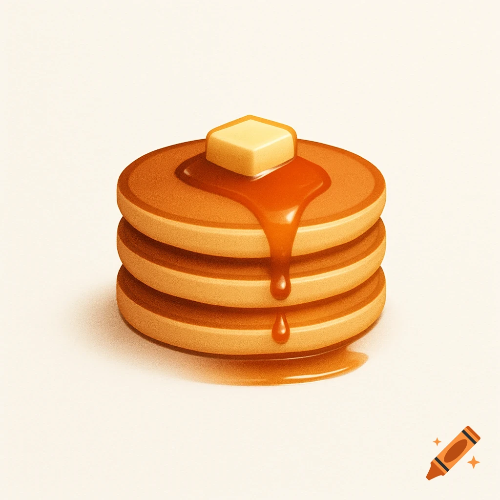 A stack of three golden-brown pancakes with a melting pat of butter on top and maple syrup drizzling down the sides. Stylized 3D illustration.