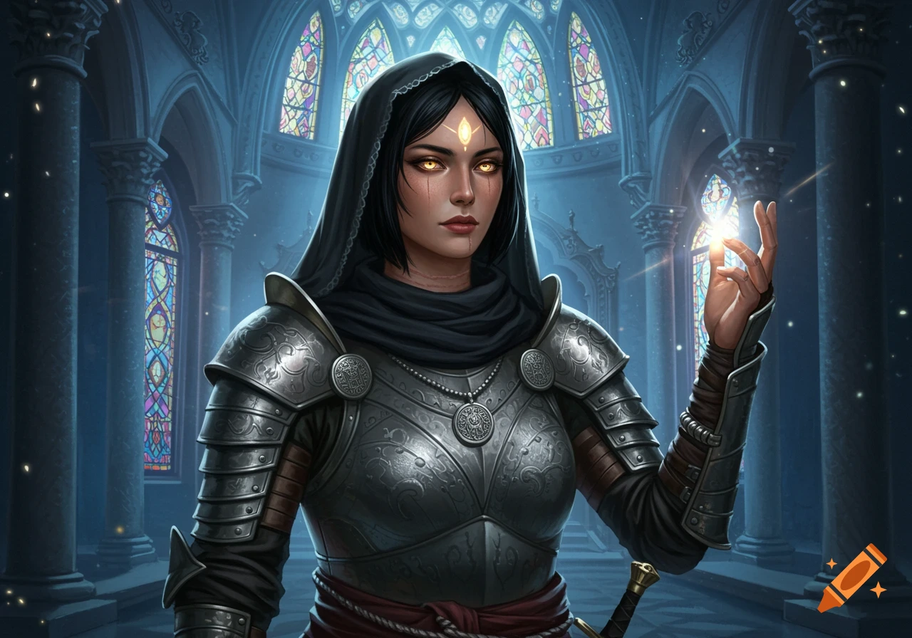 A female cleric in ornate silver plate armor with glowing gold eyes stands in a Gothic cathedral, holding a glowing orb of light in her left hand.