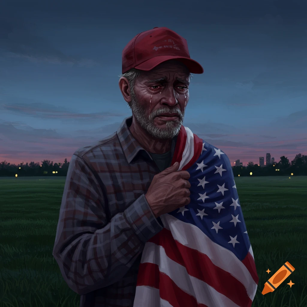 Digital art of a crying older man with a beard wearing a red hat and holding an American flag against a twilight sky.