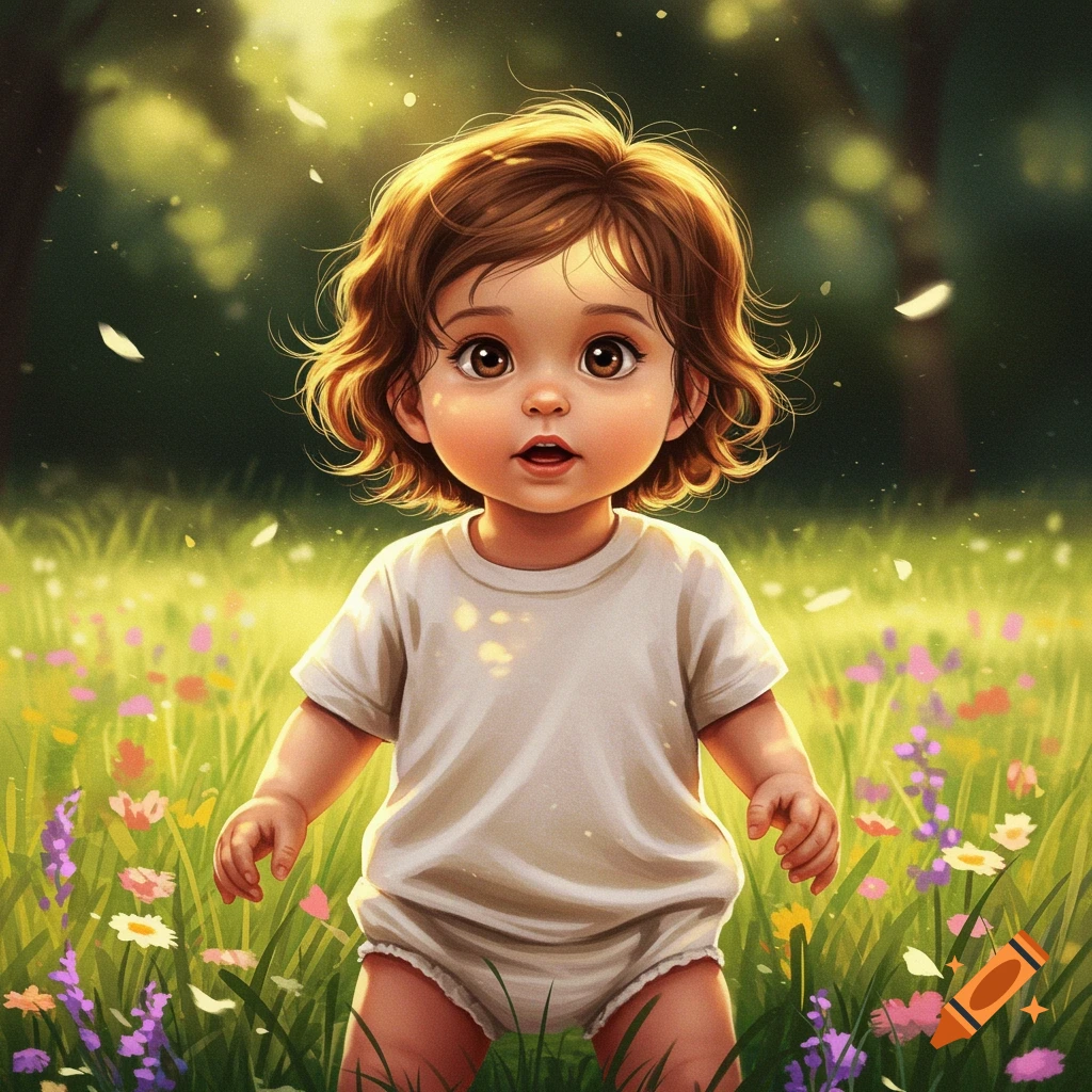 A cute stylized illustration of a baby girl with big brown eyes and wavy brown hair, standing in a vibrant green field with wildflowers.