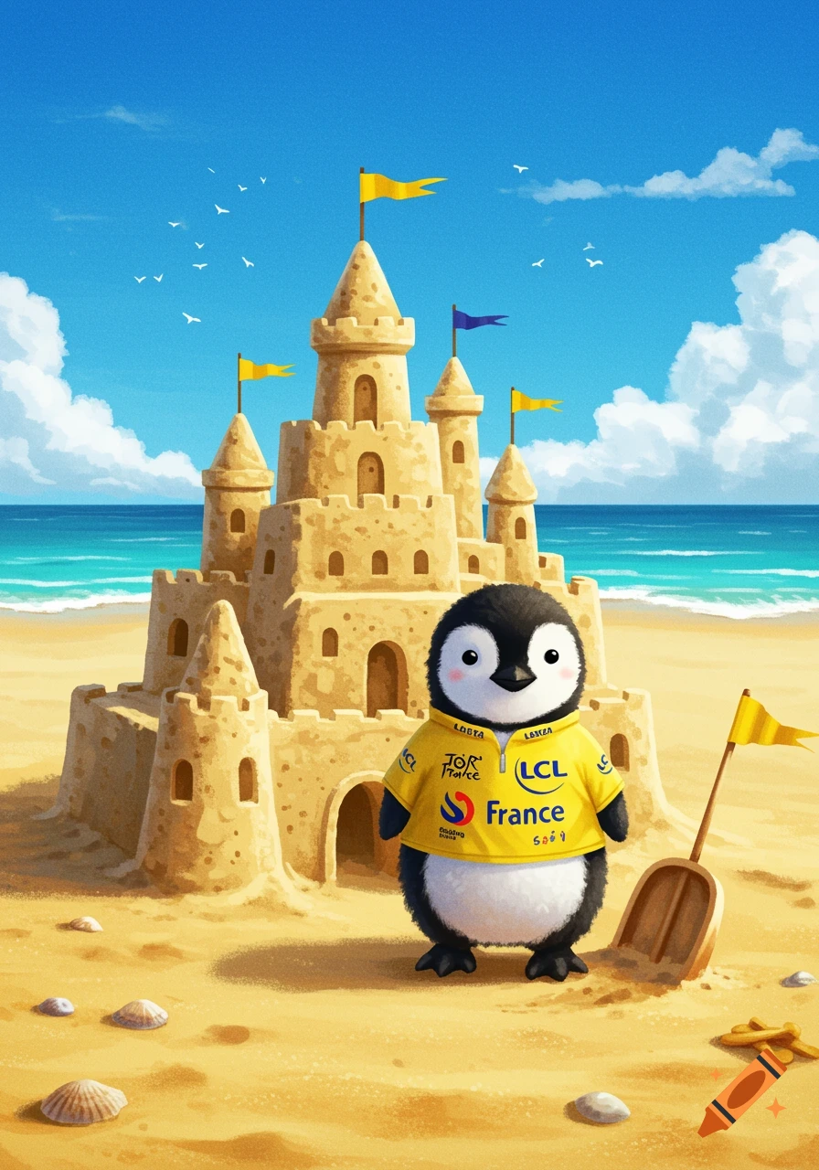 A cute penguin in a yellow Tour de France jersey stands on a sunny beach in front of a large sandcastle, with a shovel nearby.