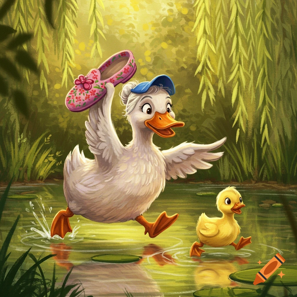 A cartoon abuelita duck runs in a pond, holding a pink slipper over her head, chasing a smaller duckling. Willow trees hang in the background.