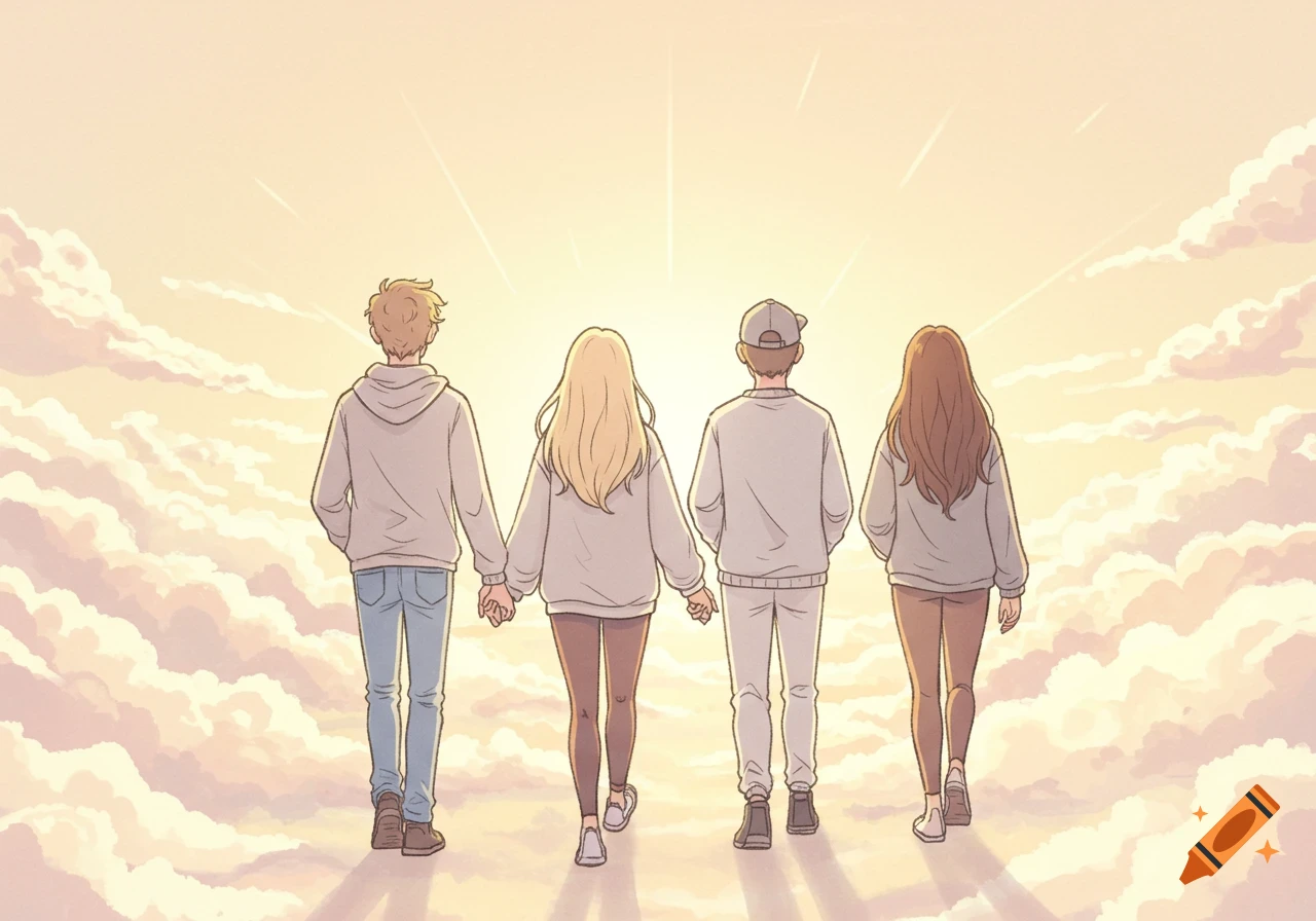 Cartoony line-art illustration of four teenagers, two boys and two girls, walking hand-in-hand away from the viewer into a bright, cloudy sky.