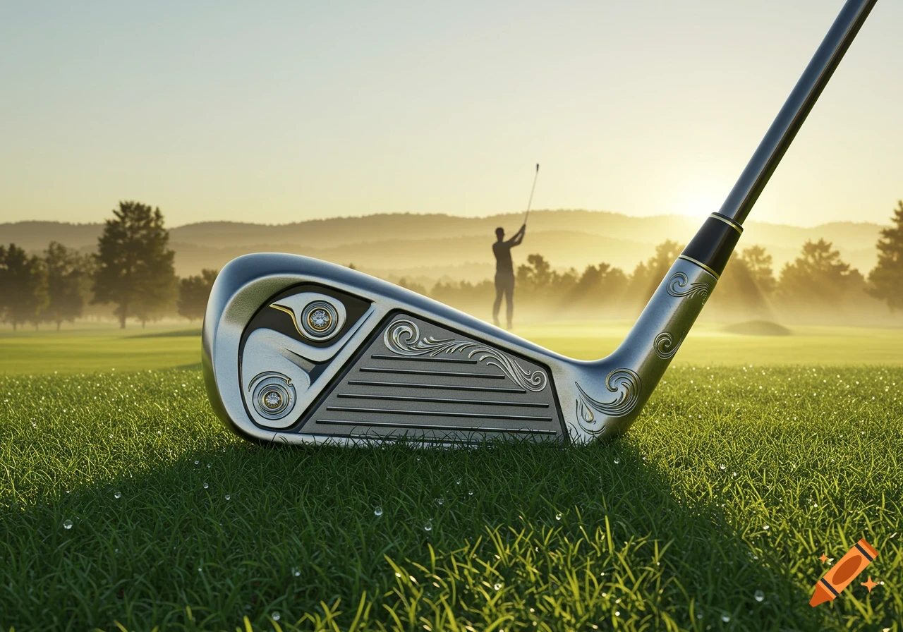 Detailed close-up of a silver golf club on dewy green grass, with a golfer silhouette against a hazy sunrise on a golf course.
