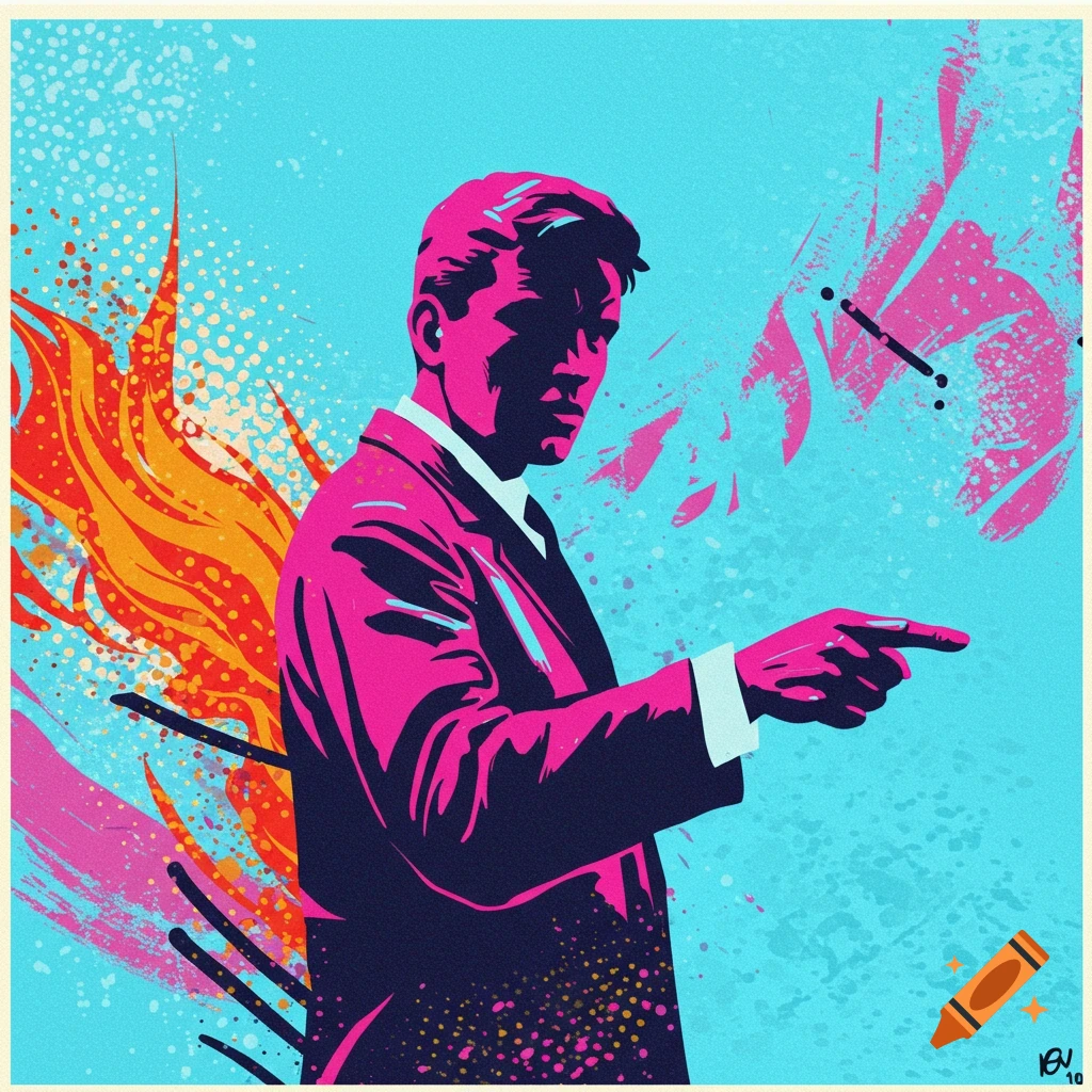 Pop art style image of a man in a magenta suit pointing, with a blue and abstract background.