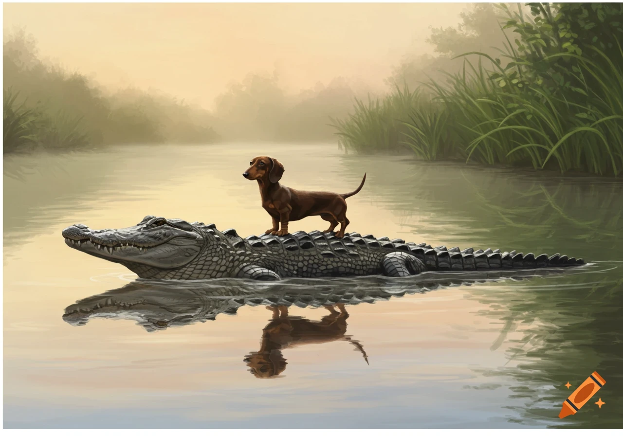 A brown dachshund stands on the back of a large alligator swimming in a misty river with green banks, rendered in a painterly style.