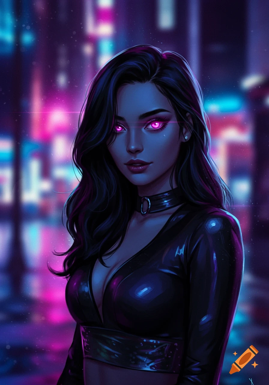 A portrait of a woman with long dark hair and glowing pink eyes, wearing a black top, against a blurred neon cityscape background.