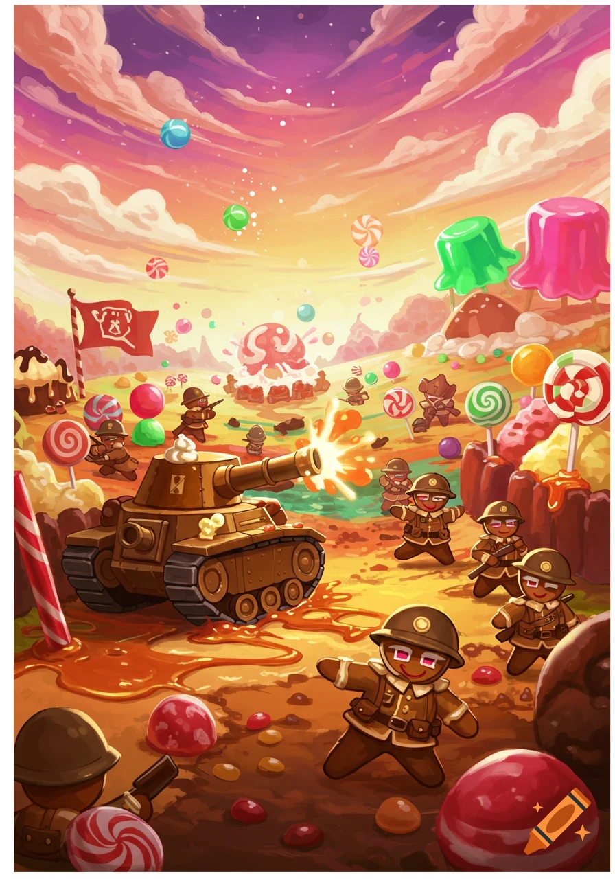 Cartoon gingerbread soldiers and tank battling in a vibrant candy land under a colorful sky.