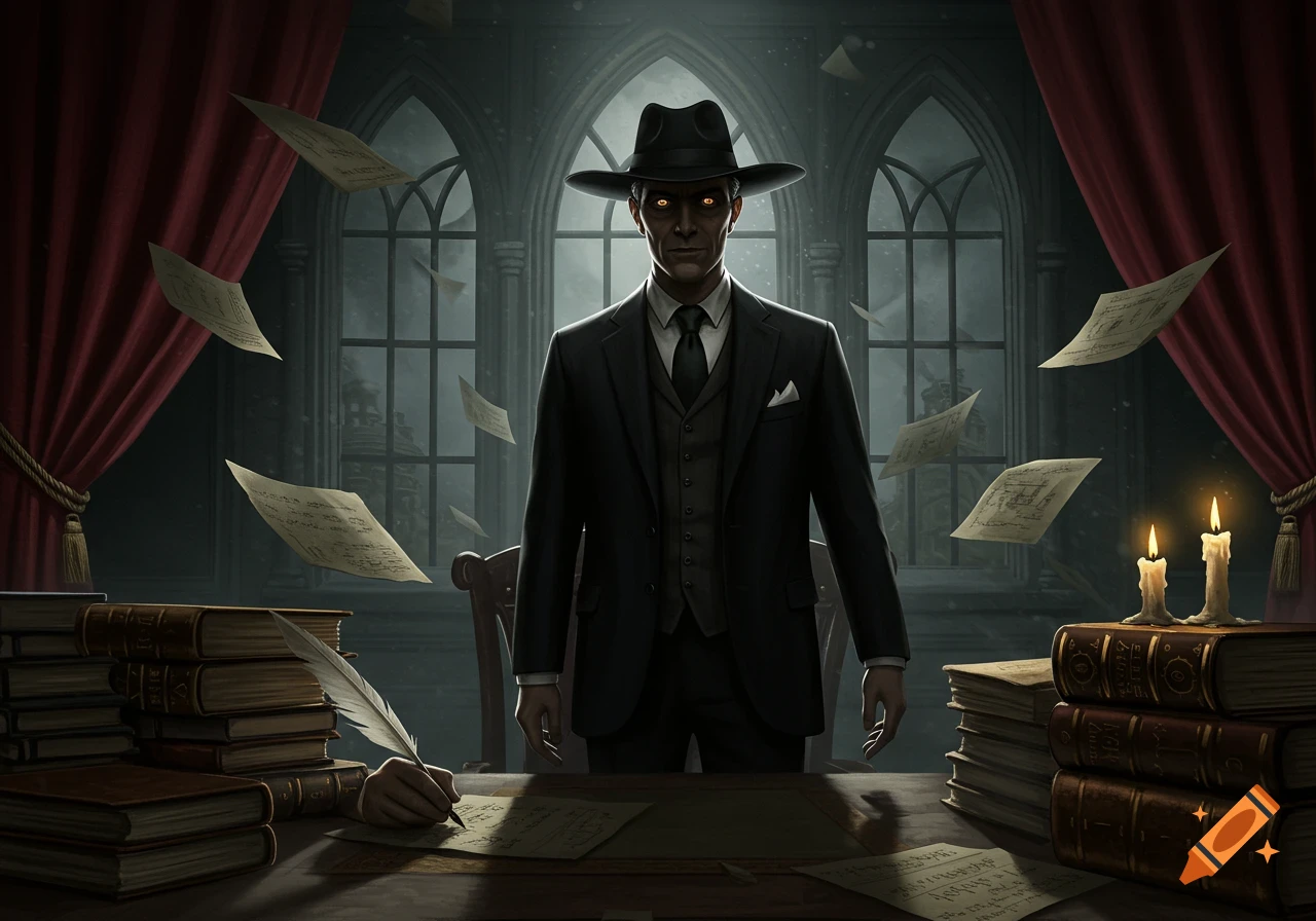 A man in a black suit and fedora with glowing yellow eyes stands behind a desk covered in floating papers and old books in a gothic-style office.