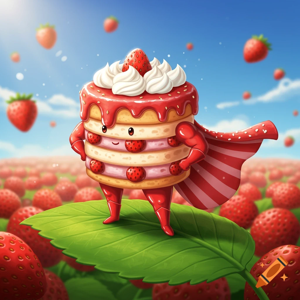 A cute, cartoon strawberry shortcake hero in a red superhero costume stands on a leaf in a strawberry field under a blue sky.