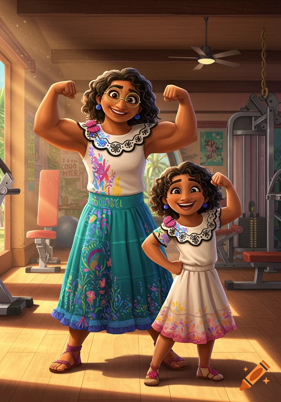 Cartoon of Mirabel's muscular mom and daughter flexing at a gym, in a style similar to Disney's Encanto.