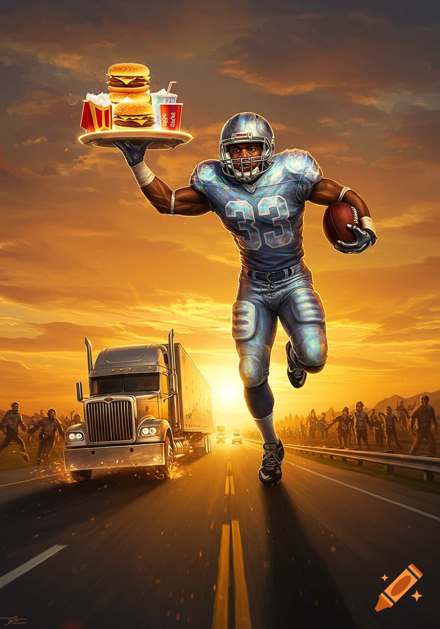 A surreal painting of a football player running and jumping on a highway at sunset, carrying a football and a tray of burgers and soda.